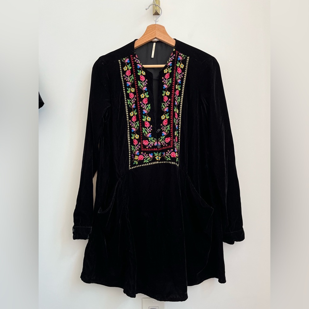 Free People Black Velvet Dress with Embroidered Collar and Pockets